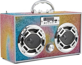 Wireless Express boombox with FM radio delivers crystal-clear local broadcasts.