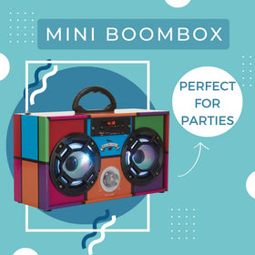 Wireless Express boombox features a telescoping antenna for retro style.