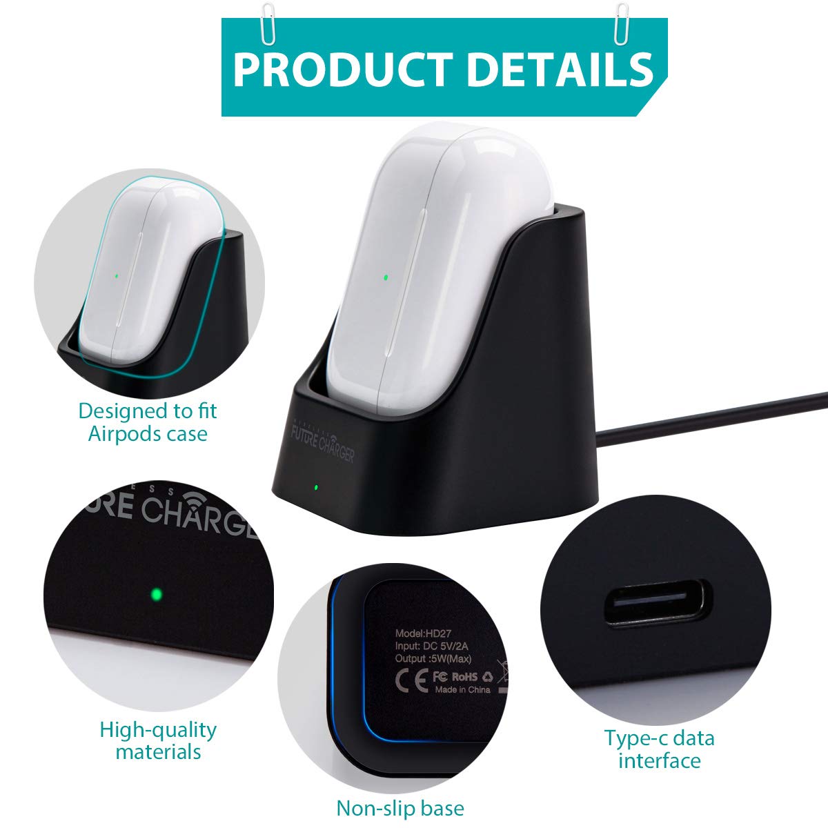 Wireless Future Charger compact footprint on desk saves space for AirPods setup.