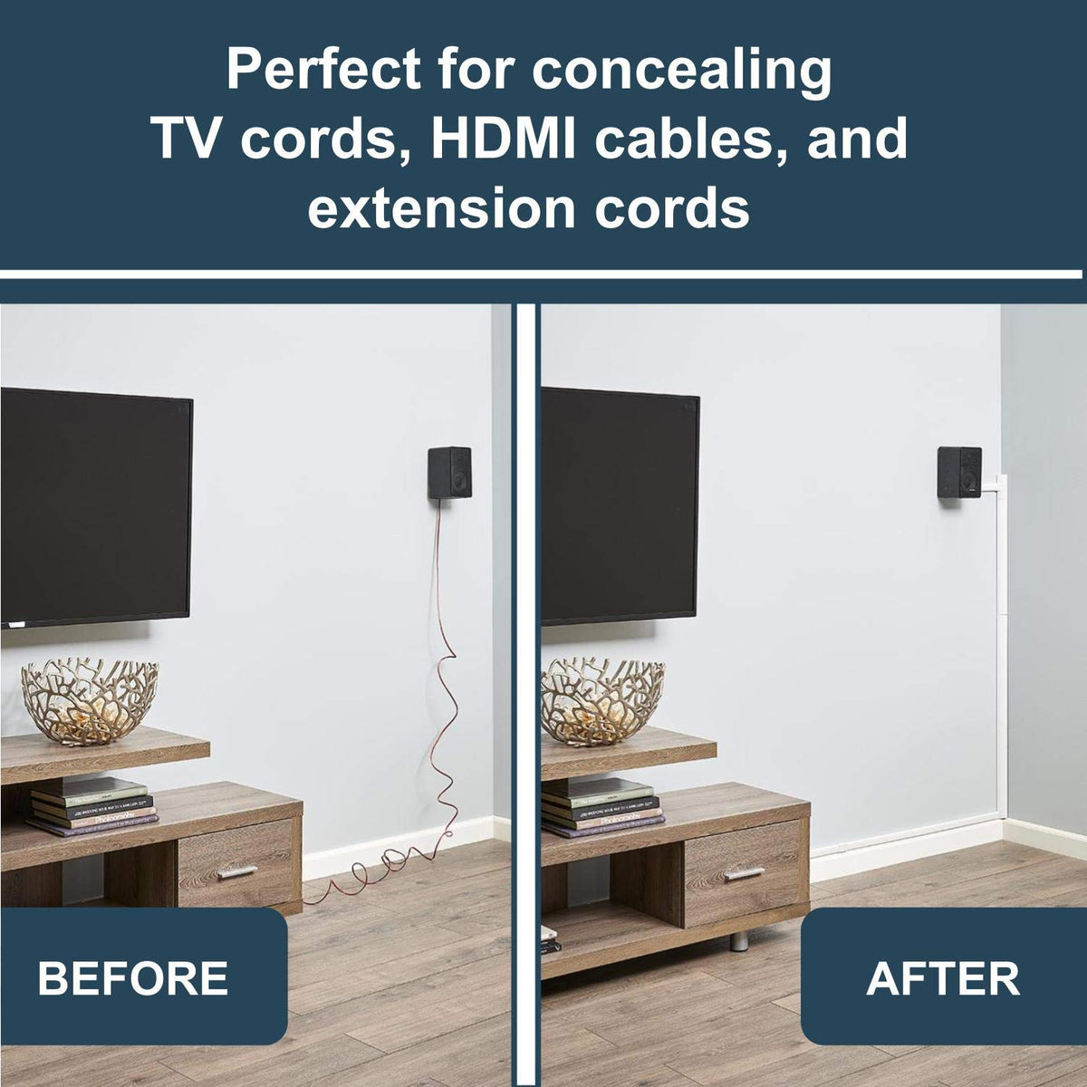 Wiremold cord cover uses indoor tape for secure mounting