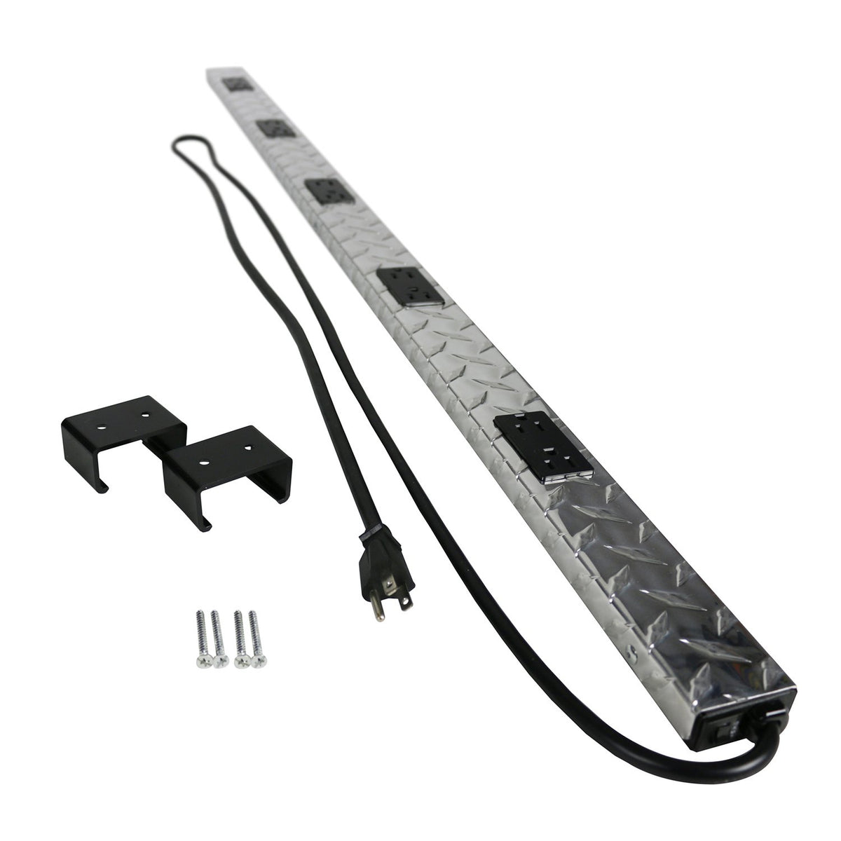 Wiremold front view diamond-plate power strip showing 10 outlets and robust finish for organized power