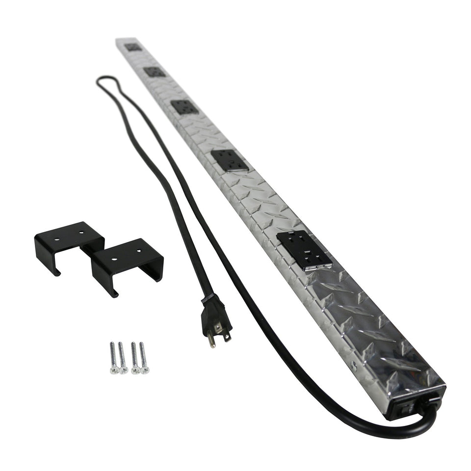 Wiremold front view diamond-plate power strip showing 10 outlets and robust finish for organized power