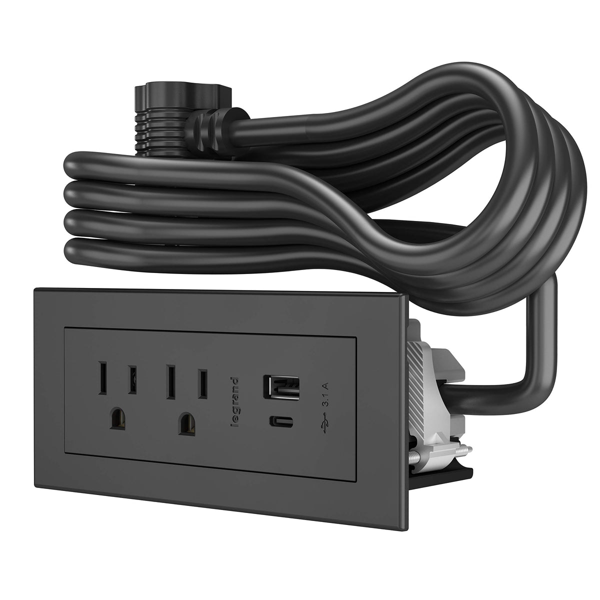 Wiremold RDZCBK installed in tabletop demonstrating easy access to power and charge