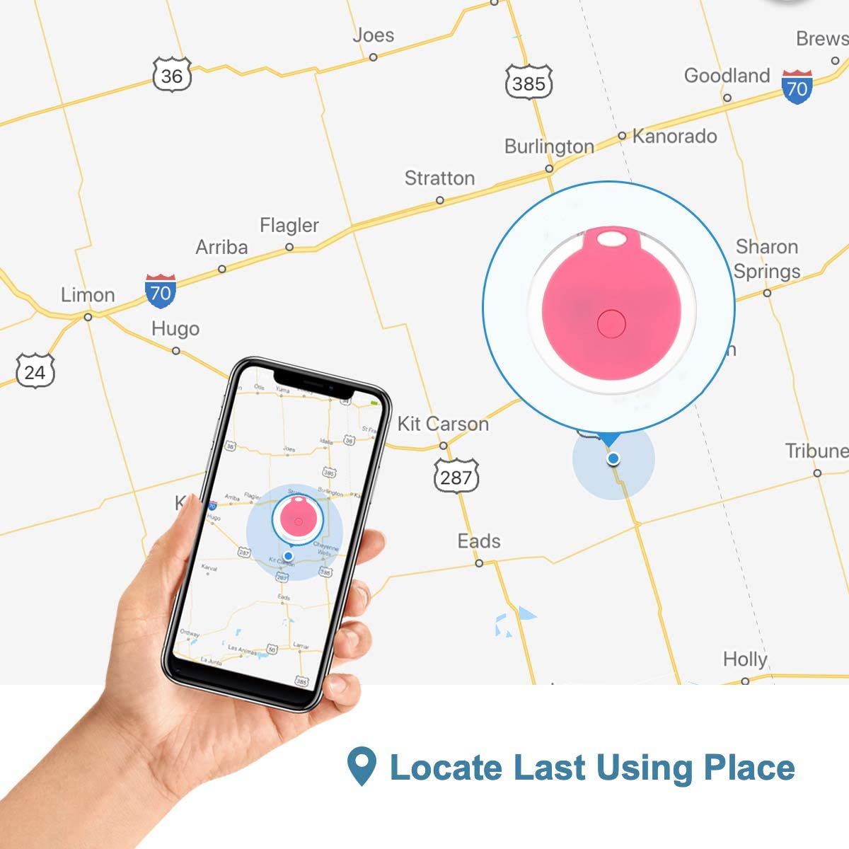 Wisazly remote control feature visual showing two-way tracking and item ring.