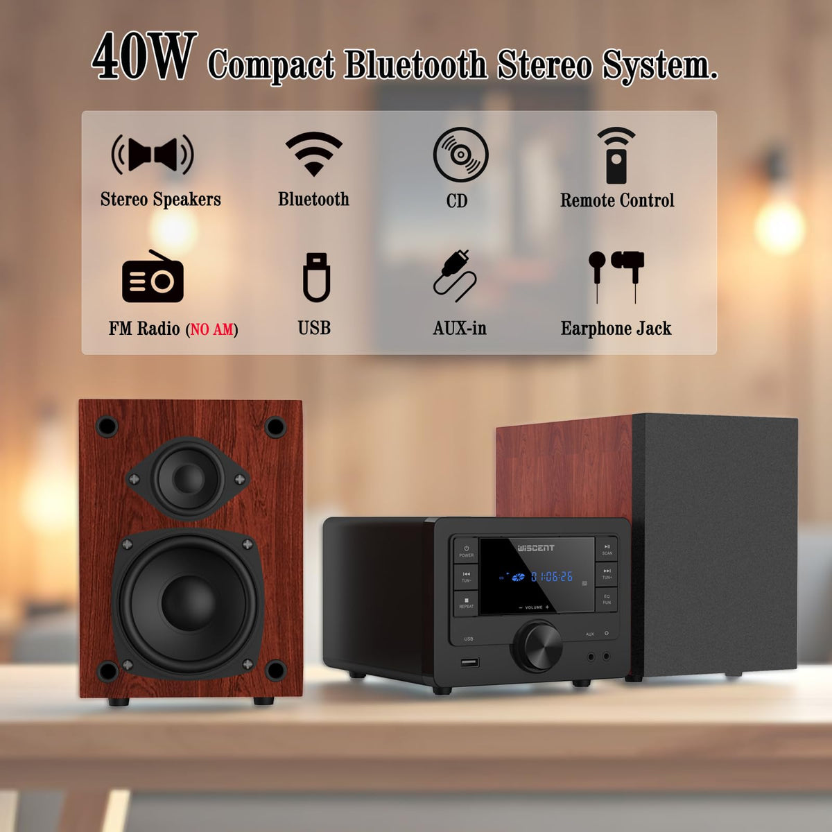 WISCENT bookshelf speakers paired for rich bass and crisp highs