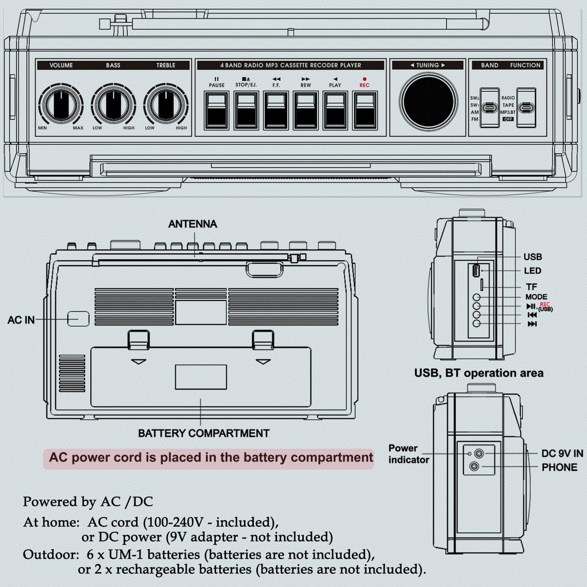 WISCENT USB and micro SD slots shown for direct MP3/WMA playback convenience