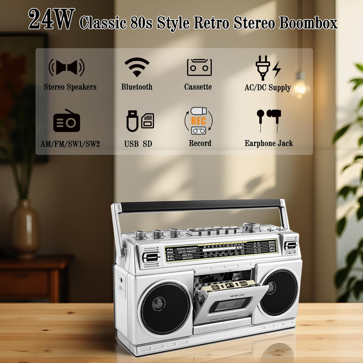 WISCENT cassette deck close-up illustrating tape playback and easy recording functionality