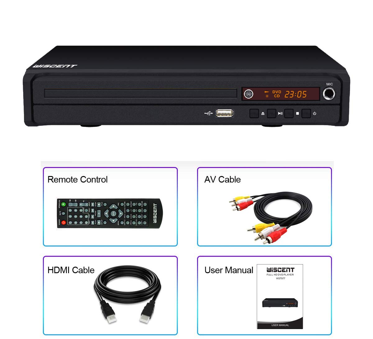 Wiscent compact DVD player packaging helps quick unboxing and setup.