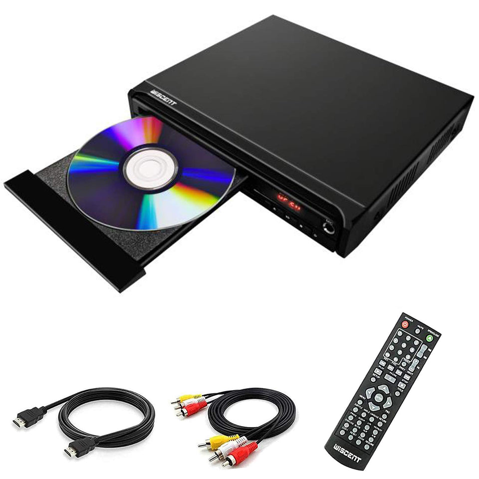 Wiscent compact DVD player front view highlighting slim design for easy setup.