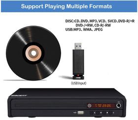 Wiscent compact DVD player HDMI setup shows quick TV connection for Full HD visuals.
