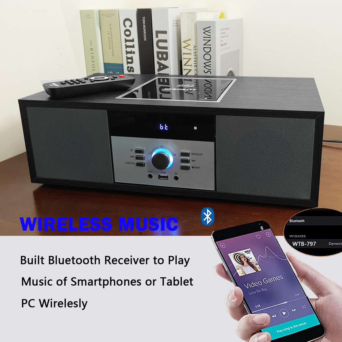 WISCENT FM radio dial and back-mounted antenna enable quick station tuning at home.