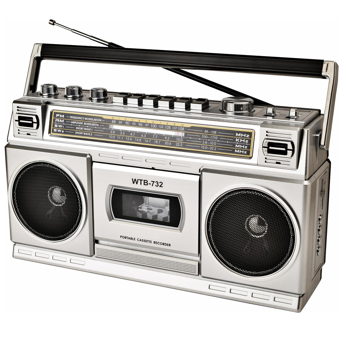 WISCENT front view boombox showing vintage styling and modern features benefits portability