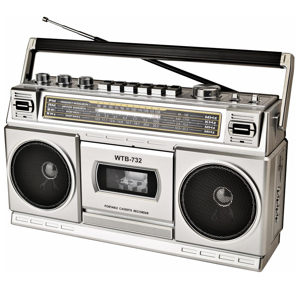 WISCENT front view boombox showing vintage styling and modern features benefits portability