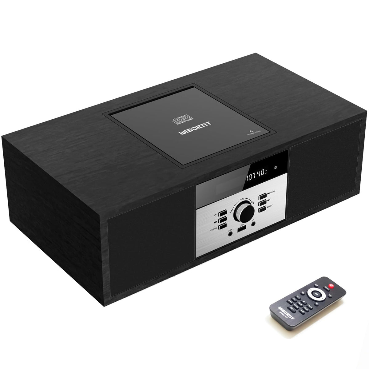 WISCENT Nostalgic Bluetooth stereo front view highlighting compact retro design for versatile home listening.