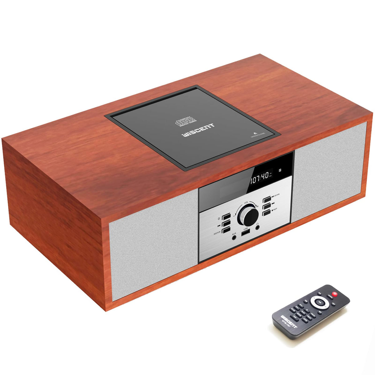 WISCENT Nostalgic stereo front view, stylish brown cabinet for living room ambiance.