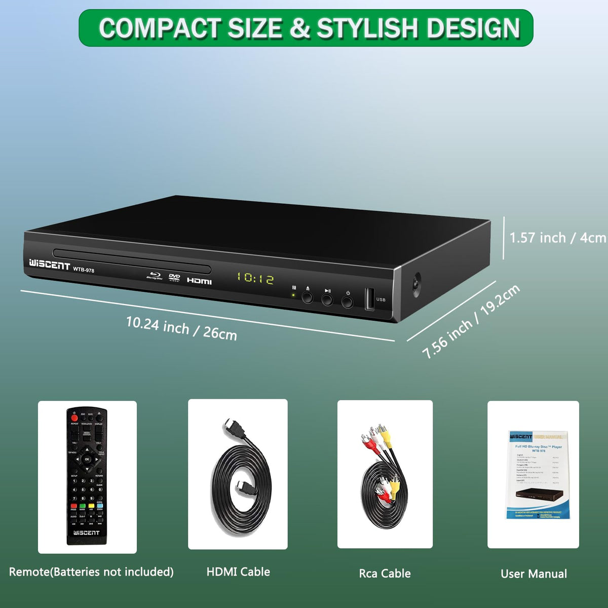 Wiscent package contents including remote, cables, and user manual