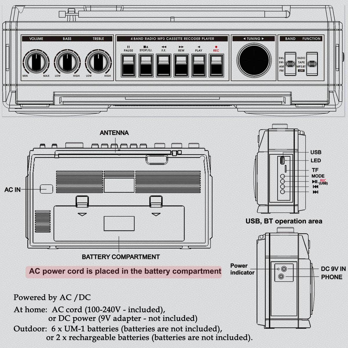 WISCENT side view with headphone jack and handle illustrating private listening and carry convenience