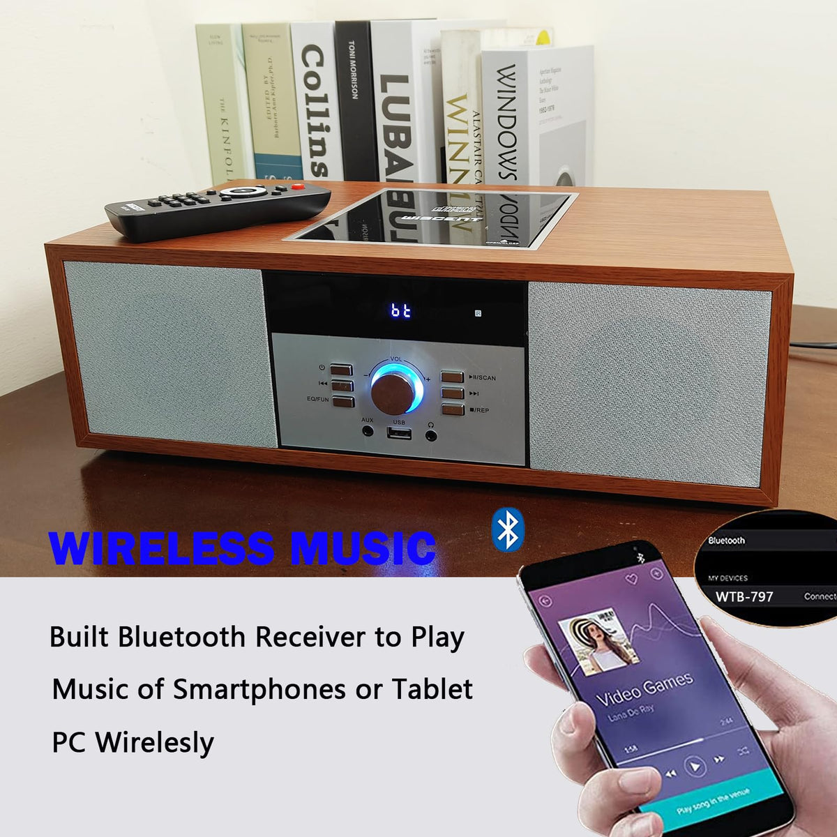 WISCENT top-loading CD player for easy access to CDs and MP3 CD playback.