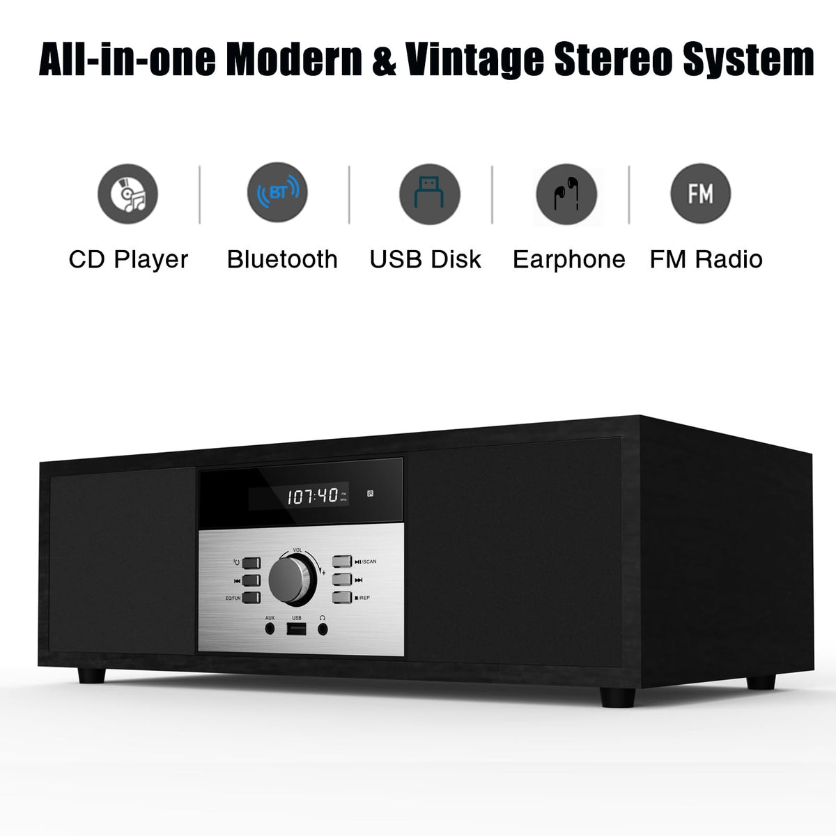WISCENT vintage micro hi-fi top-panel with CD tray and controls for easy use.