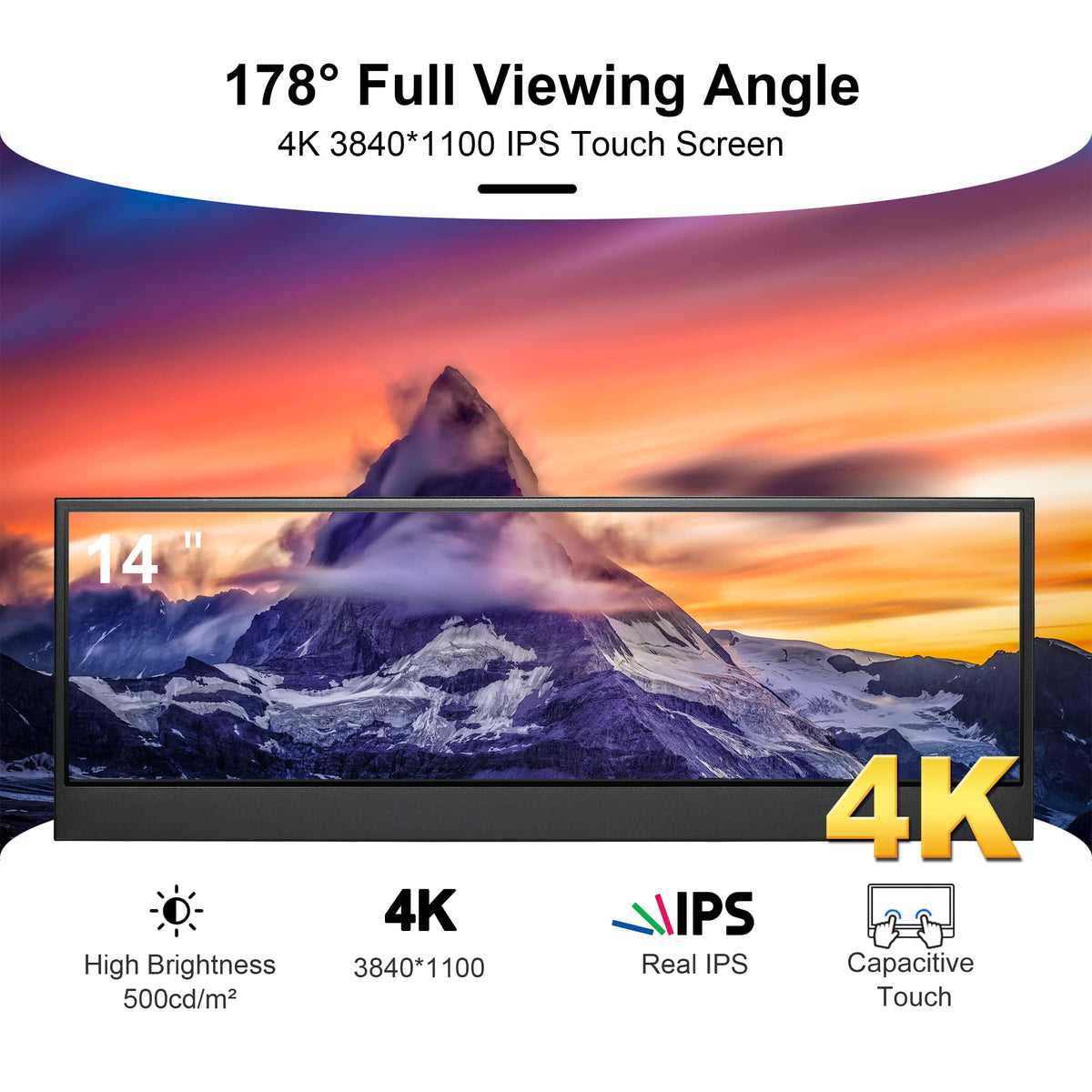 Wisecoco 14 inch 4K UHD touch monitor side angle highlights slim profile