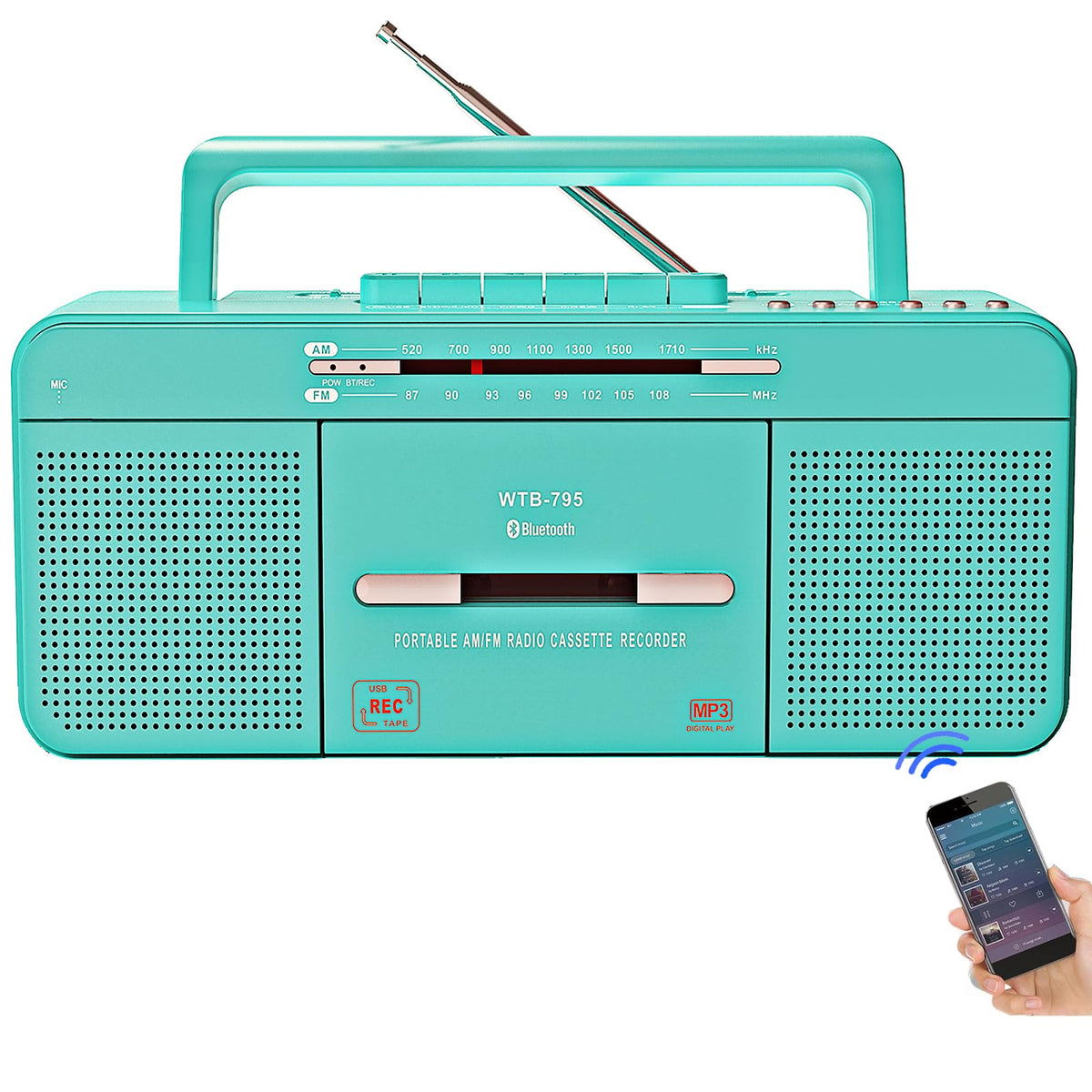 WISCENT teal boombox front view showing retro styling and easy controls