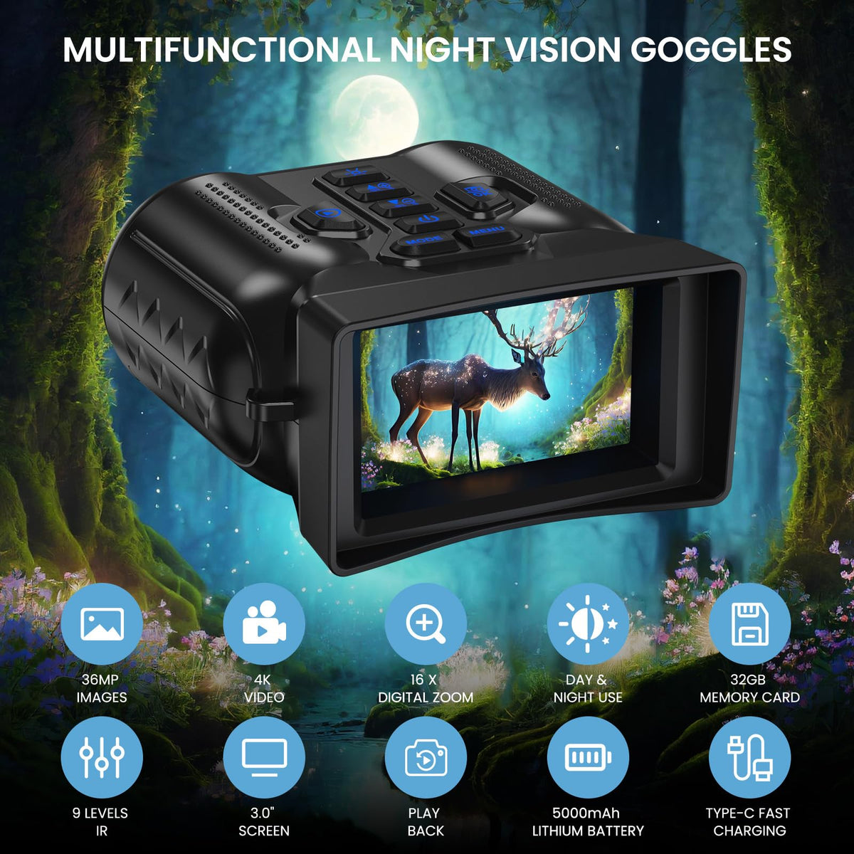 WISHBETY night vision goggles 3.0‑inch screen for easy viewing
