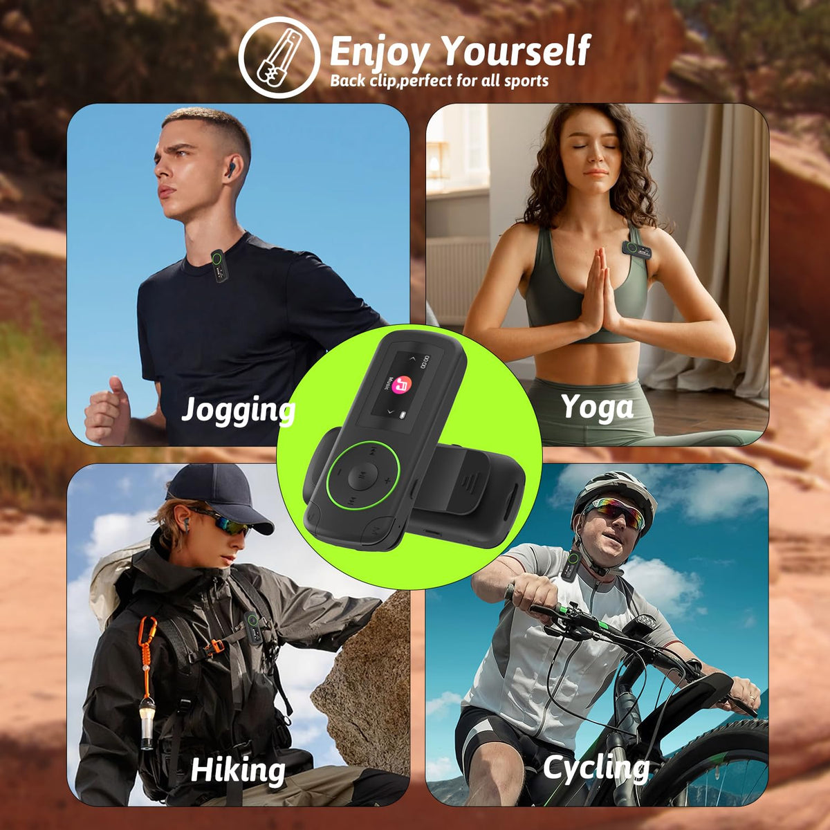 wiwoo worn on forearm armband to show stable placement and hands-free listening benefit