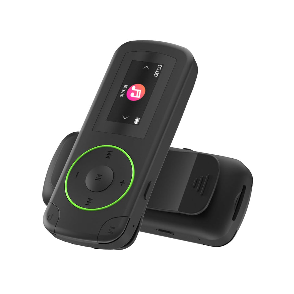 wiwoo front view of clip MP3 player showing compact design and easy access controls for workouts