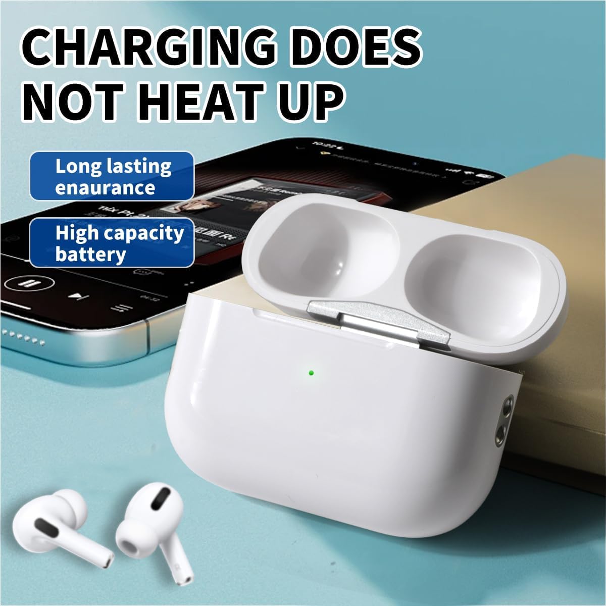 Wixolydq AirPods Pro white case on a wireless charging pad demonstrating Qi charging.