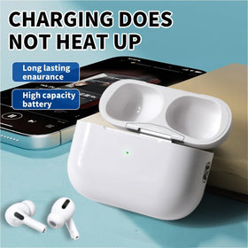 Wixolydq AirPods Pro white case on a wireless charging pad demonstrating Qi charging.
