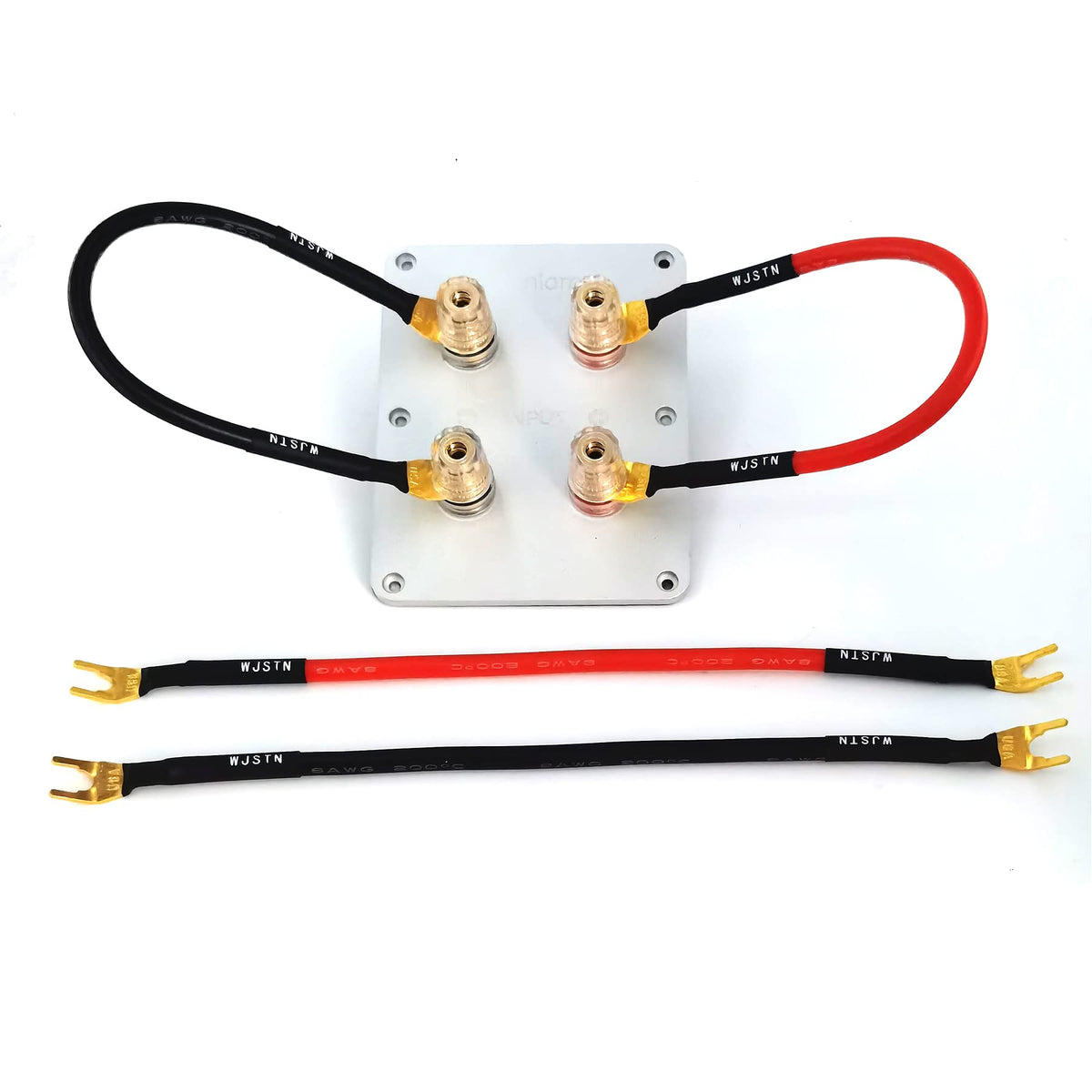 WJSTN cable beside ruler showing 8-inch length for tidy short speaker runs