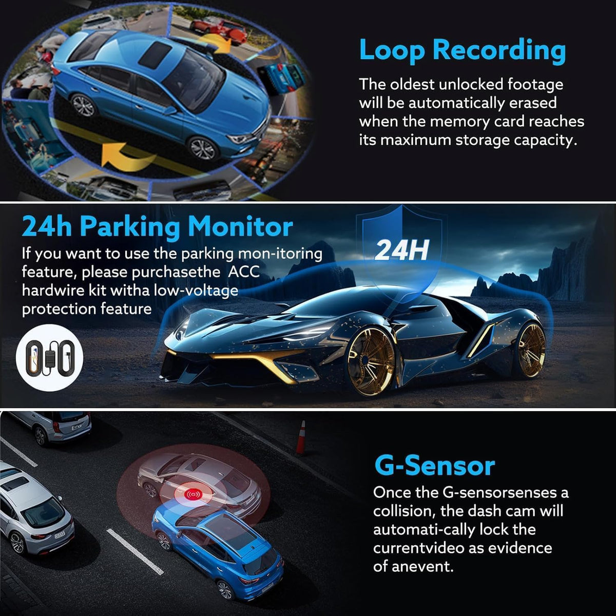 Wkreuoar dash cam G-Sensor auto-lock protects critical footage.