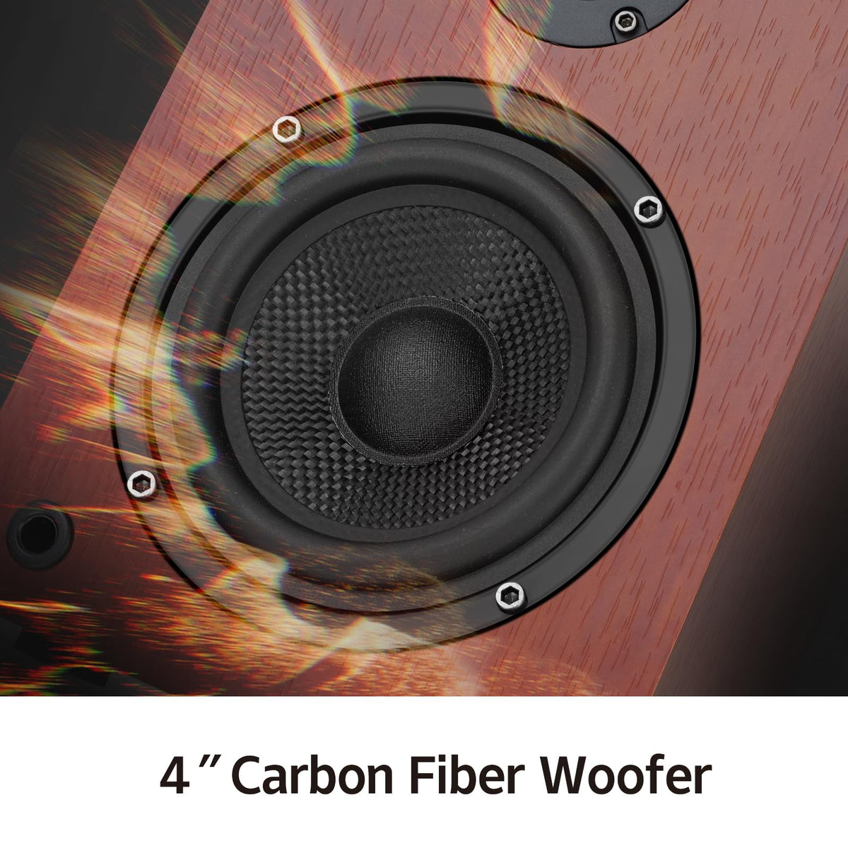 WMQ carbon fiber woofer closeup highlights punchy low end for immersive music