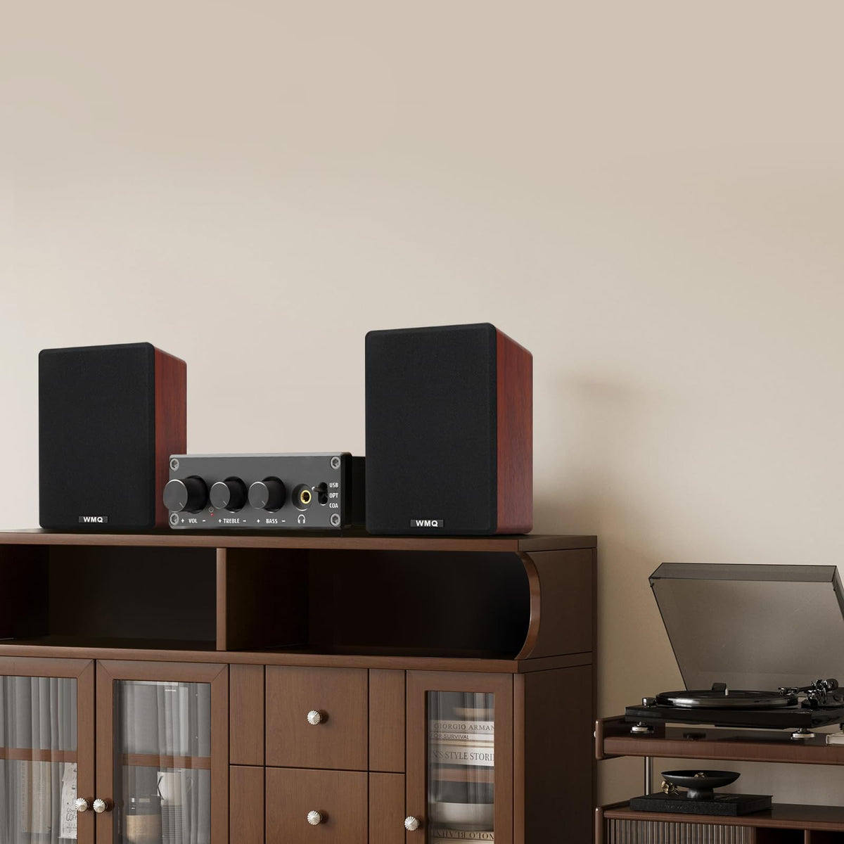 WMQ home theater setup with 40W2 speakers for clear dialogue and scenes