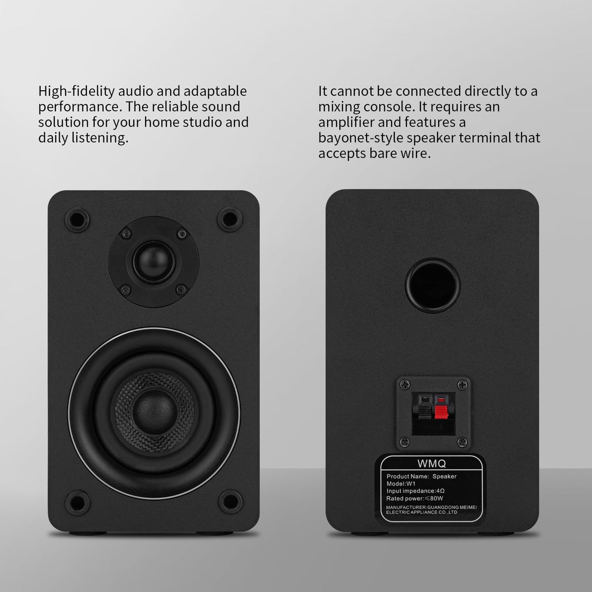 WMQ passive speakers on a living room shelf for ambient music