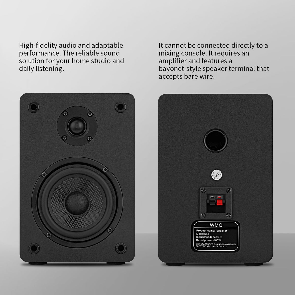 WMQ passive speakers in a living room for stereo or cinema audio.