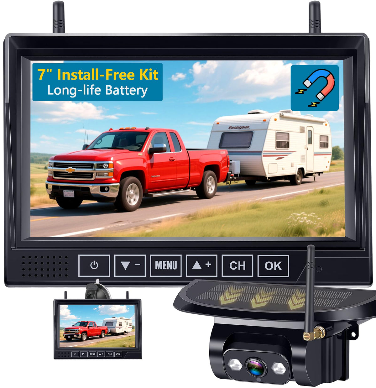 Wnfuo front view of camera and 7.2 inch monitor showing clear display benefits