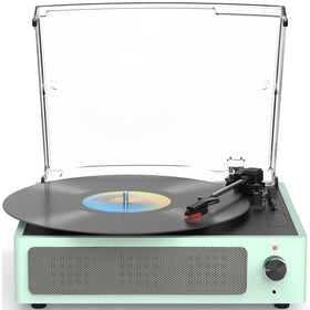 WOCKODER front view showing mint green record player and built-in speakers for quick setup