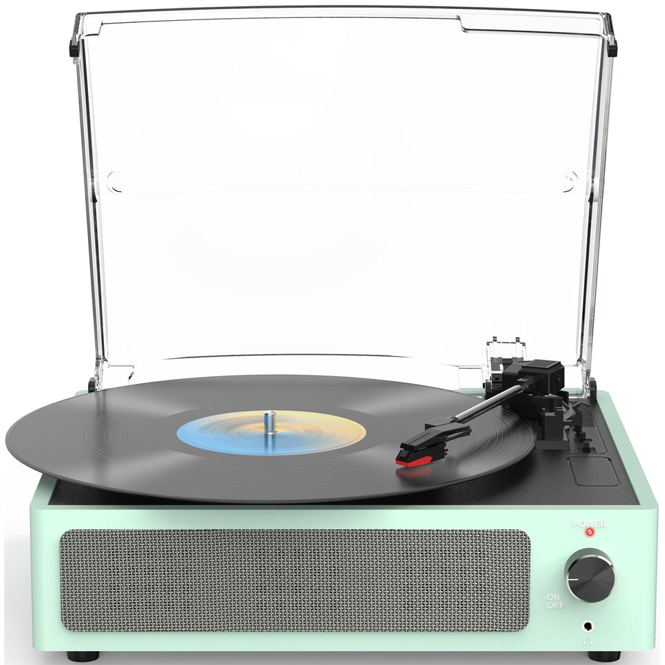 WOCKODER front view showing mint green record player and built-in speakers for quick setup