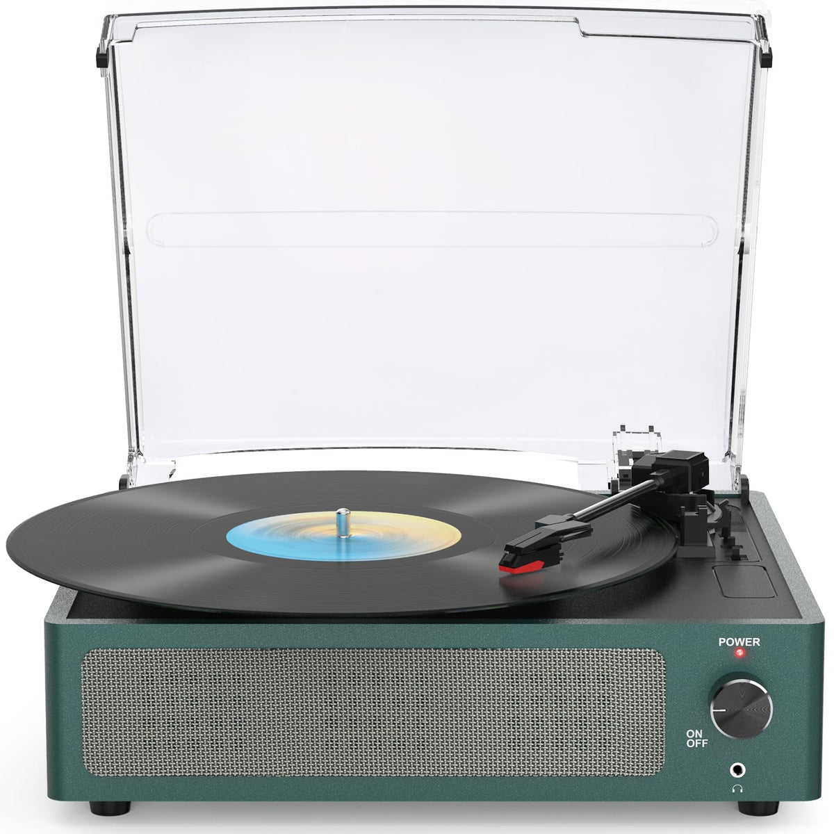 WOCKODER front view of dark blue turntable showing built-in speakers and clean design for instant playback