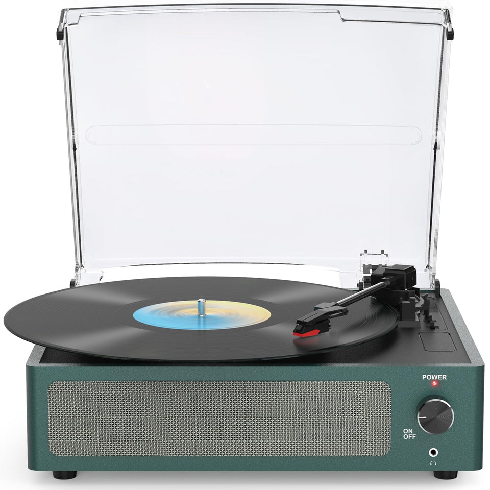 WOCKODER front view of dark blue turntable showing built-in speakers and clean design for instant playback