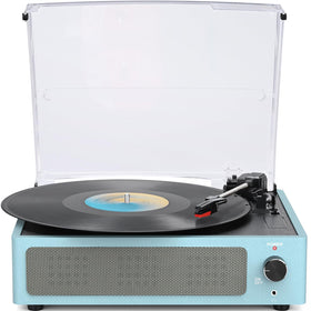 WOCKODER front view sky blue turntable showing controls and speakers for easy playback
