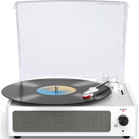 WOCKODER front view showing turntable and built-in speakers for instant playback