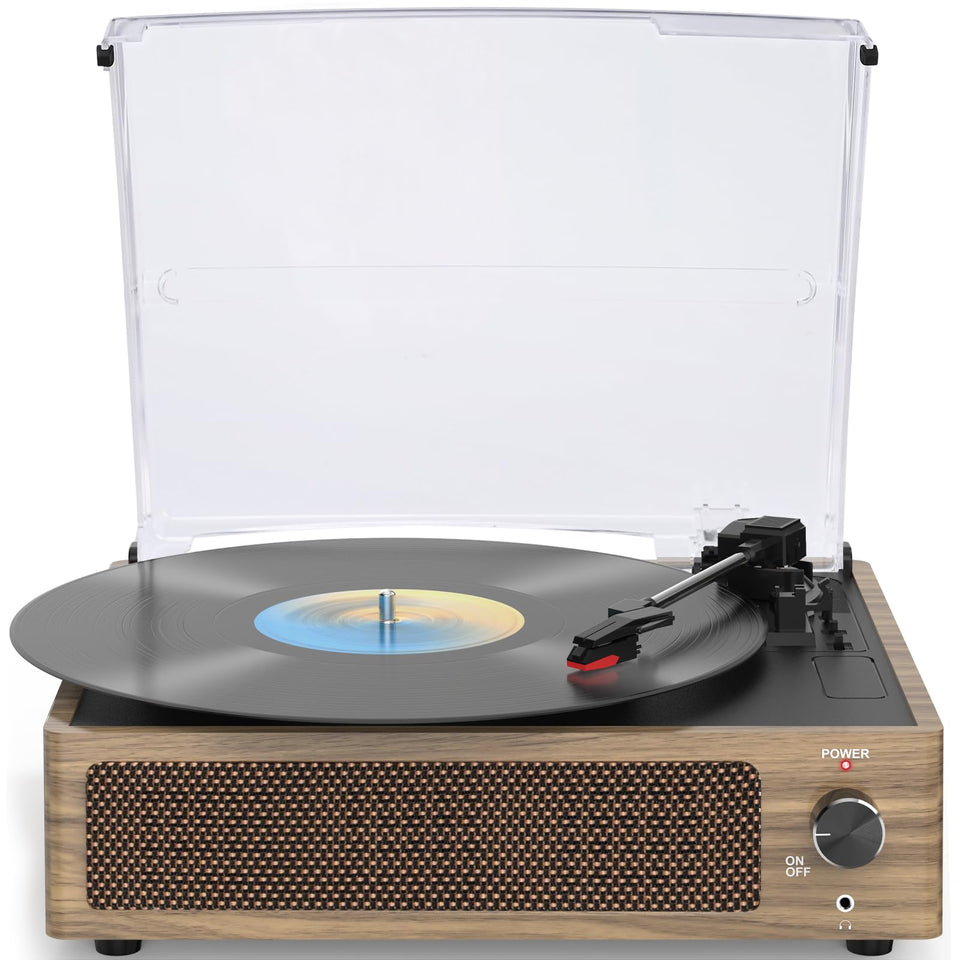 WOCKODER front view wood retro turntable showing vintage styling and easy use