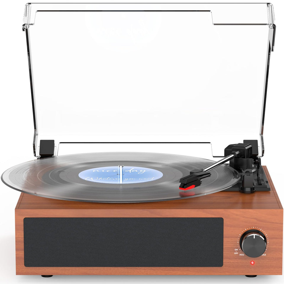 wockoder front view showing walnut case and integrated speakers for instant playback