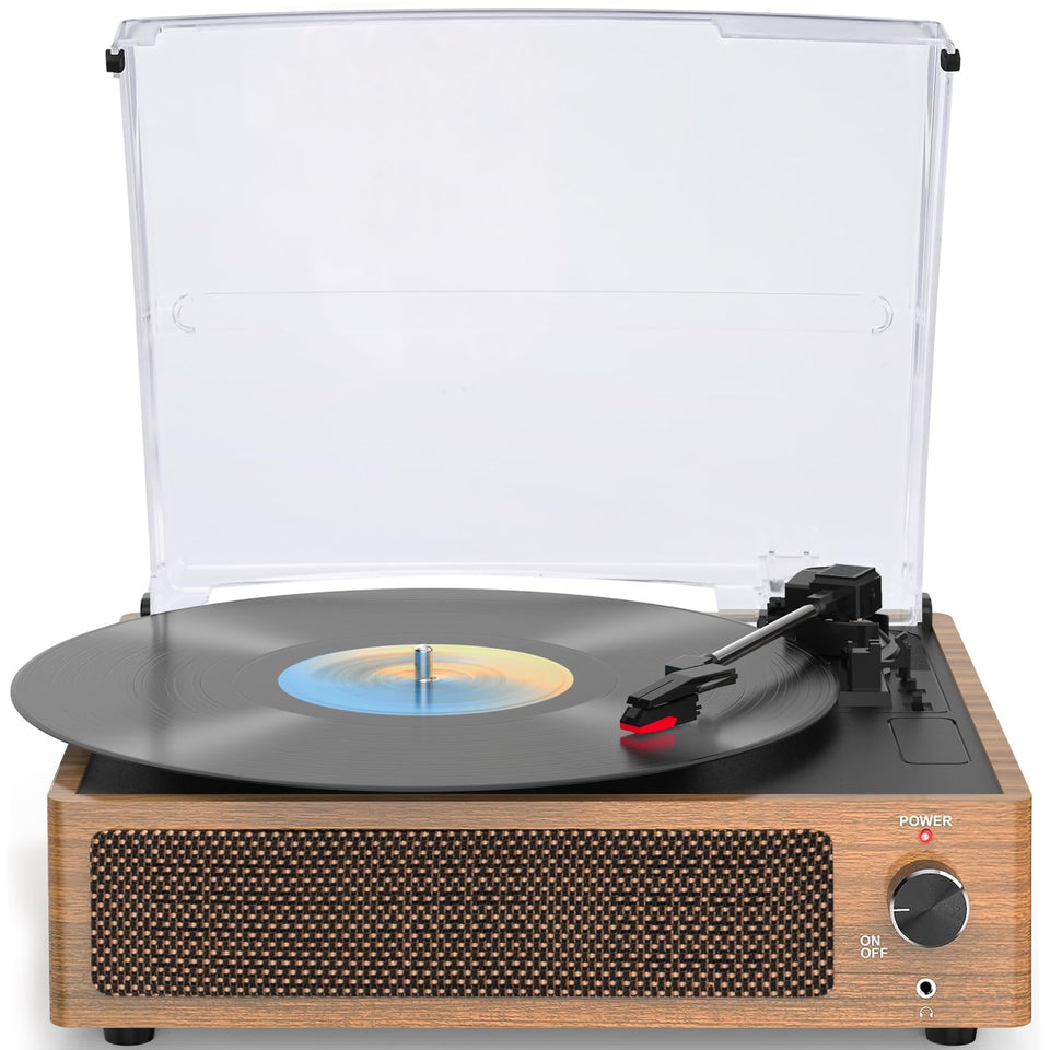 WOCKODER front view showing wood-grain turntable and easy setup benefit