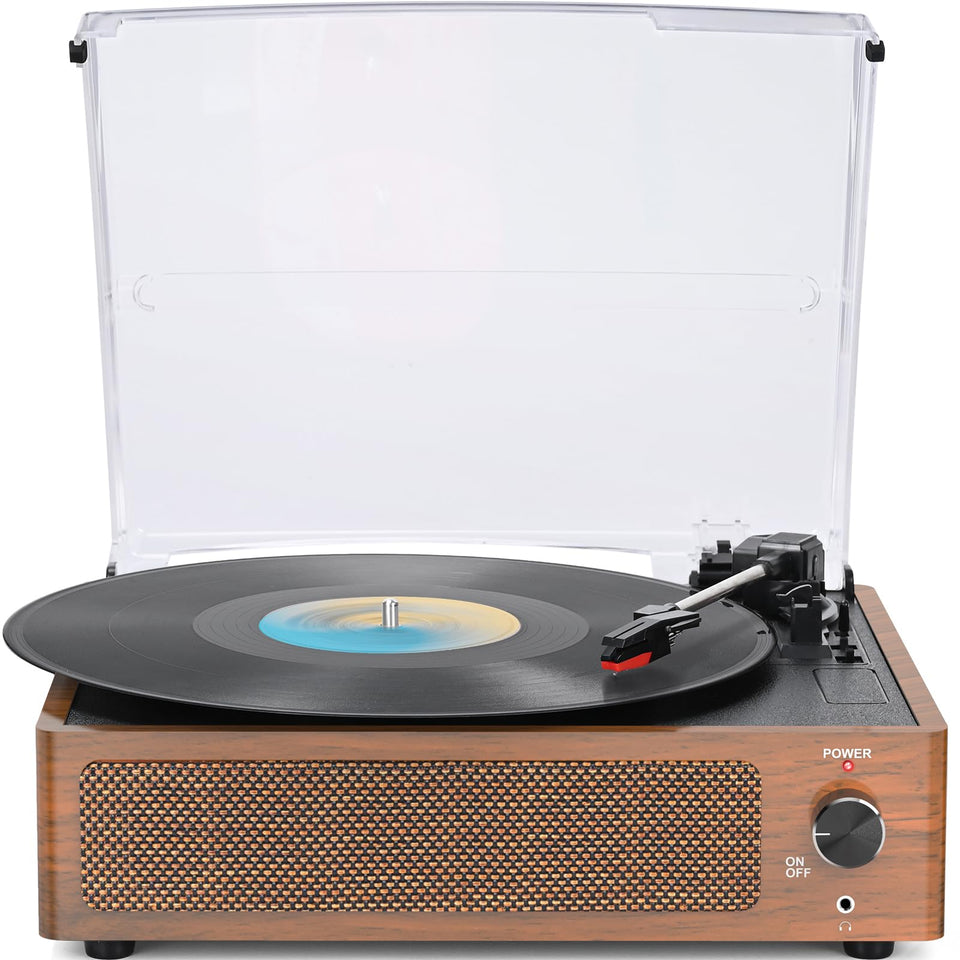WOCKODER front view wooden turntable showing vintage design and easy setup benefit