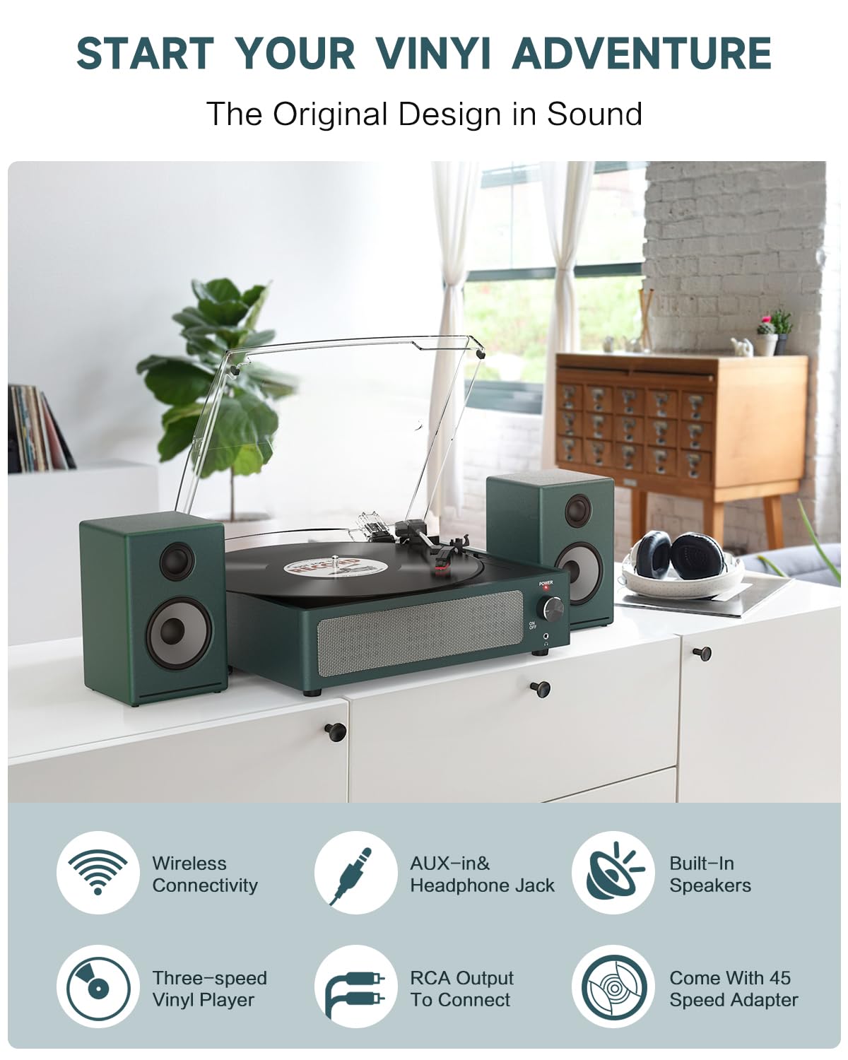 WOCKODER lifestyle scene on a console showcasing the turntable as stylish home decor and music source