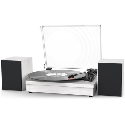 WOCKODER front view of turntable with speakers showing vintage styling and easy setup