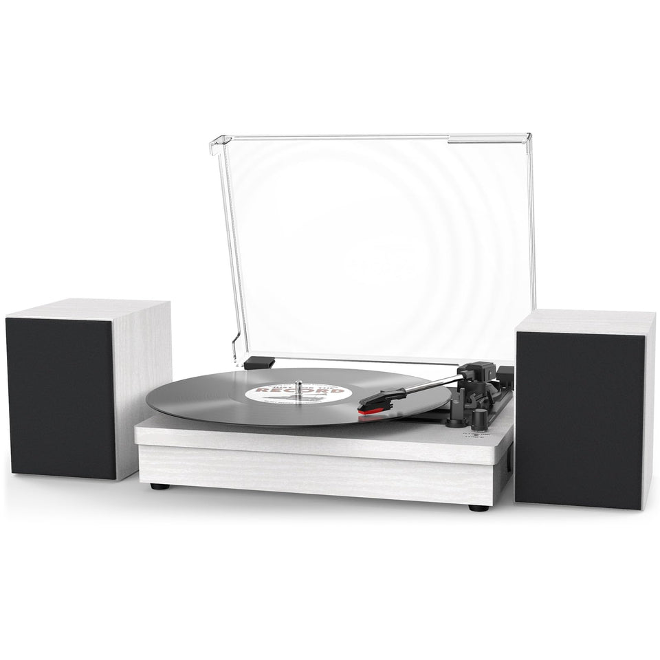 WOCKODER front view of turntable with speakers showing vintage styling and easy setup